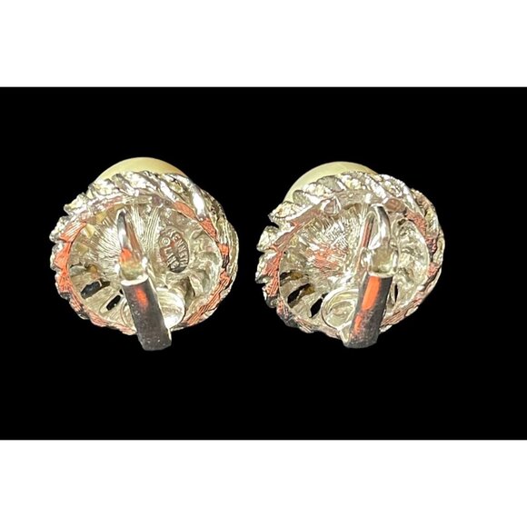 Vintage Kenneth Jay Lane Couture Pearl Rhinestone Silver Tone Clip On Earrings - Picture 6 of 7